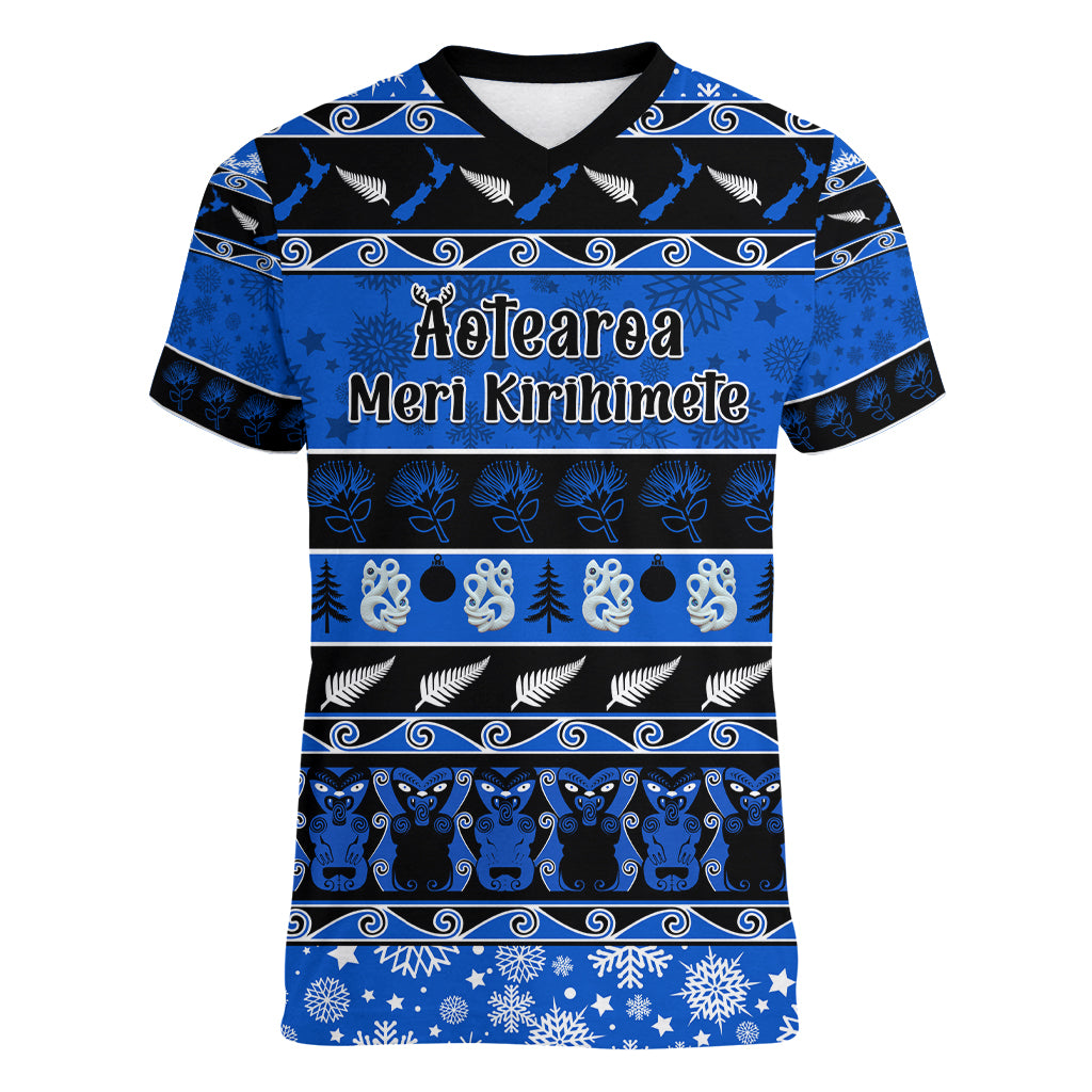 Personalised New Zealand Christmas Women V Neck T Shirt Aotearoa Kiwi Meri Kirihimete Blue Version LT14 Female Blue - Polynesian Pride