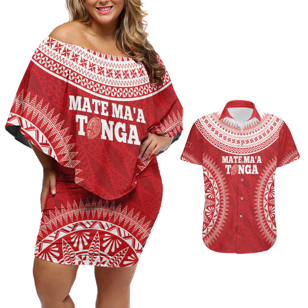 Custom Tonga Mate Maa Couples Matching Off Shoulder Short Dress and Hawaiian Shirt Go Champions Tongan Ngatu - Red LT14 Red - Polynesian Pride