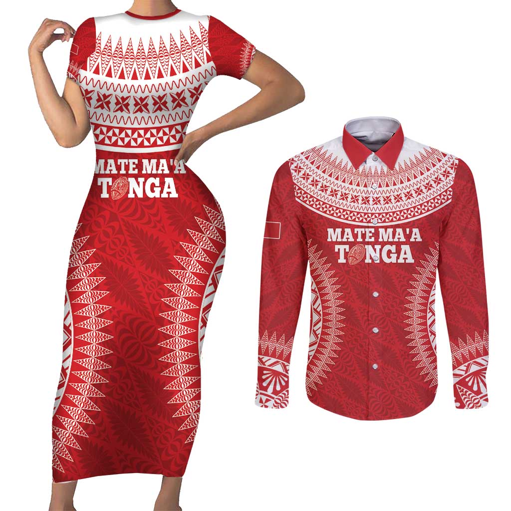 Custom Tonga Mate Maa Couples Matching Short Sleeve Bodycon Dress and Long Sleeve Button Shirt Go Champions Tongan Ngatu - Red LT14 Red - Polynesian Pride
