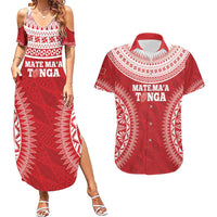 Custom Tonga Mate Maa Couples Matching Summer Maxi Dress and Hawaiian Shirt Go Champions Tongan Ngatu - Red