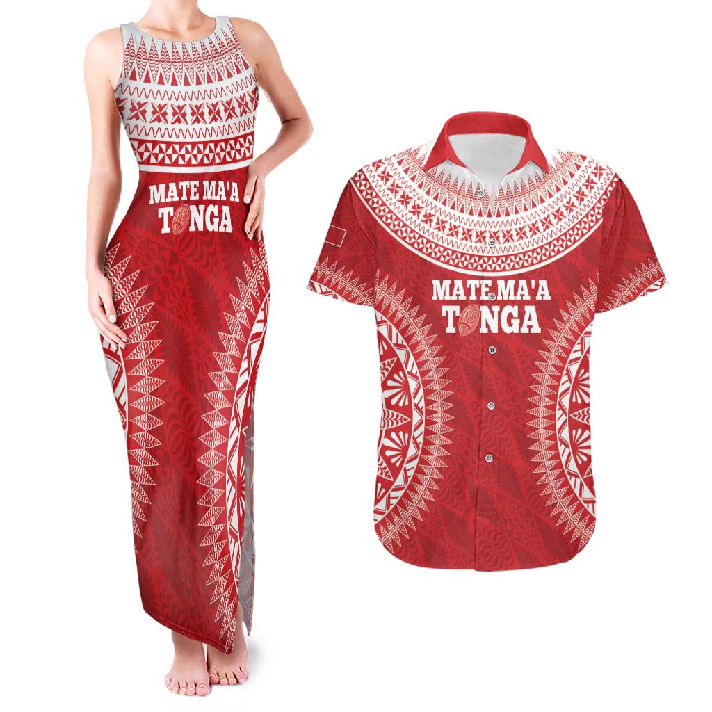 Custom Tonga Mate Maa Couples Matching Tank Maxi Dress and Hawaiian Shirt Go Champions Tongan Ngatu - Red LT14 Red - Polynesian Pride