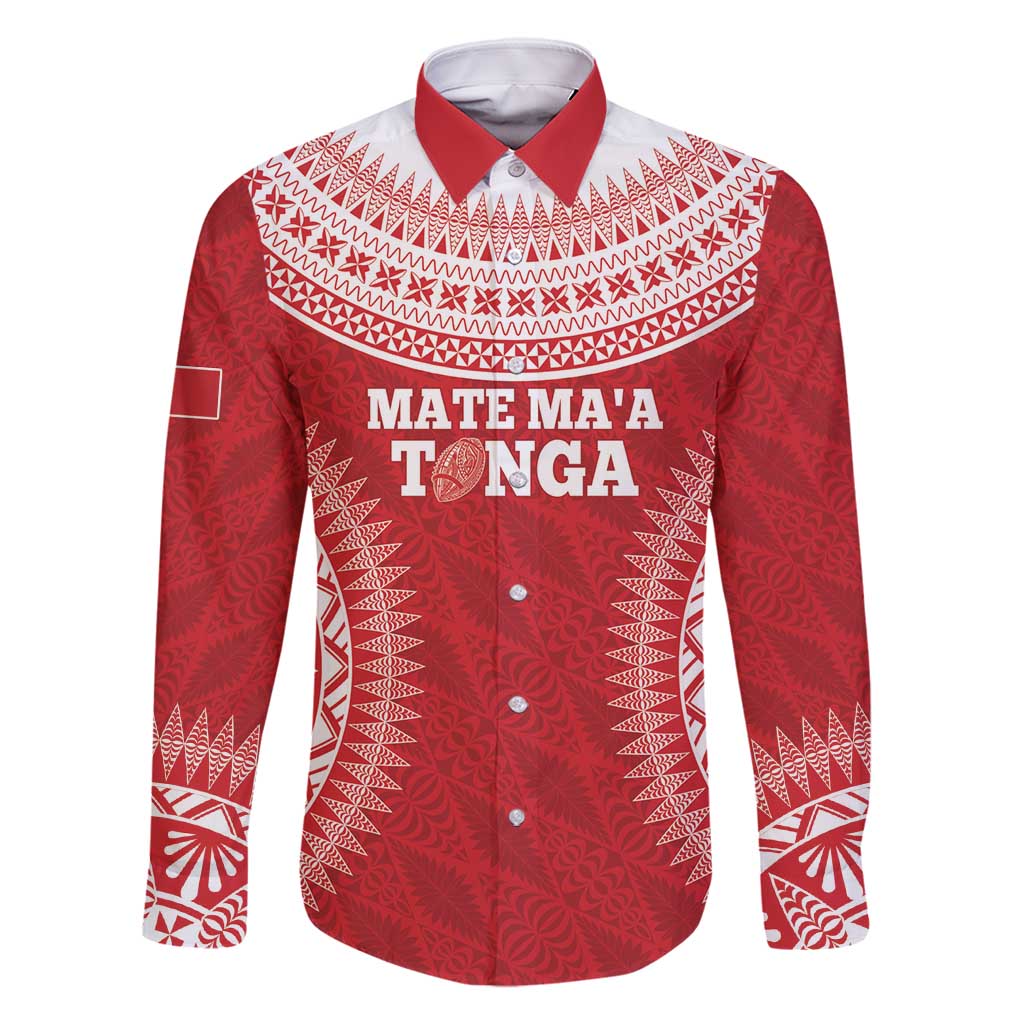 Custom Tonga Mate Maa Family Matching Long Sleeve Bodycon Dress and Hawaiian Shirt Go Champions Tongan Ngatu - Red LT14 Dad's Shirt - Long Sleeve Red - Polynesian Pride