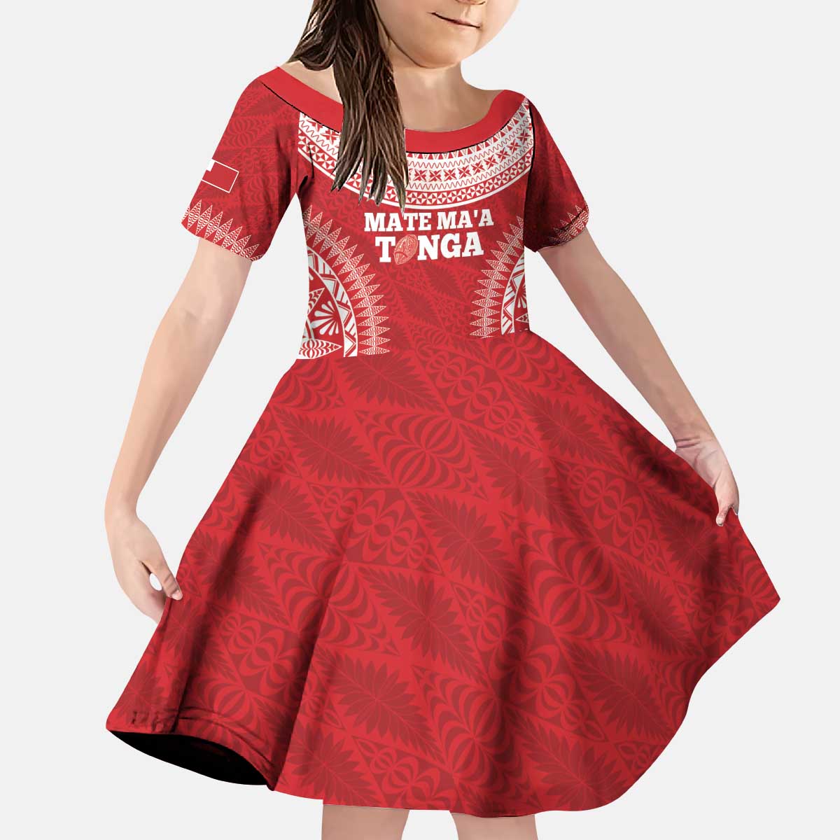 Custom Tonga Mate Maa Kid Short Sleeve Dress Go Champions Tongan Ngatu - Red LT14 KID Red - Polynesian Pride