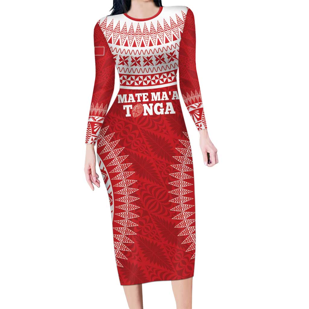 Custom Tonga Mate Maa Long Sleeve Bodycon Dress Go Champions Tongan Ngatu - Red LT14 Long Dress Red - Polynesian Pride