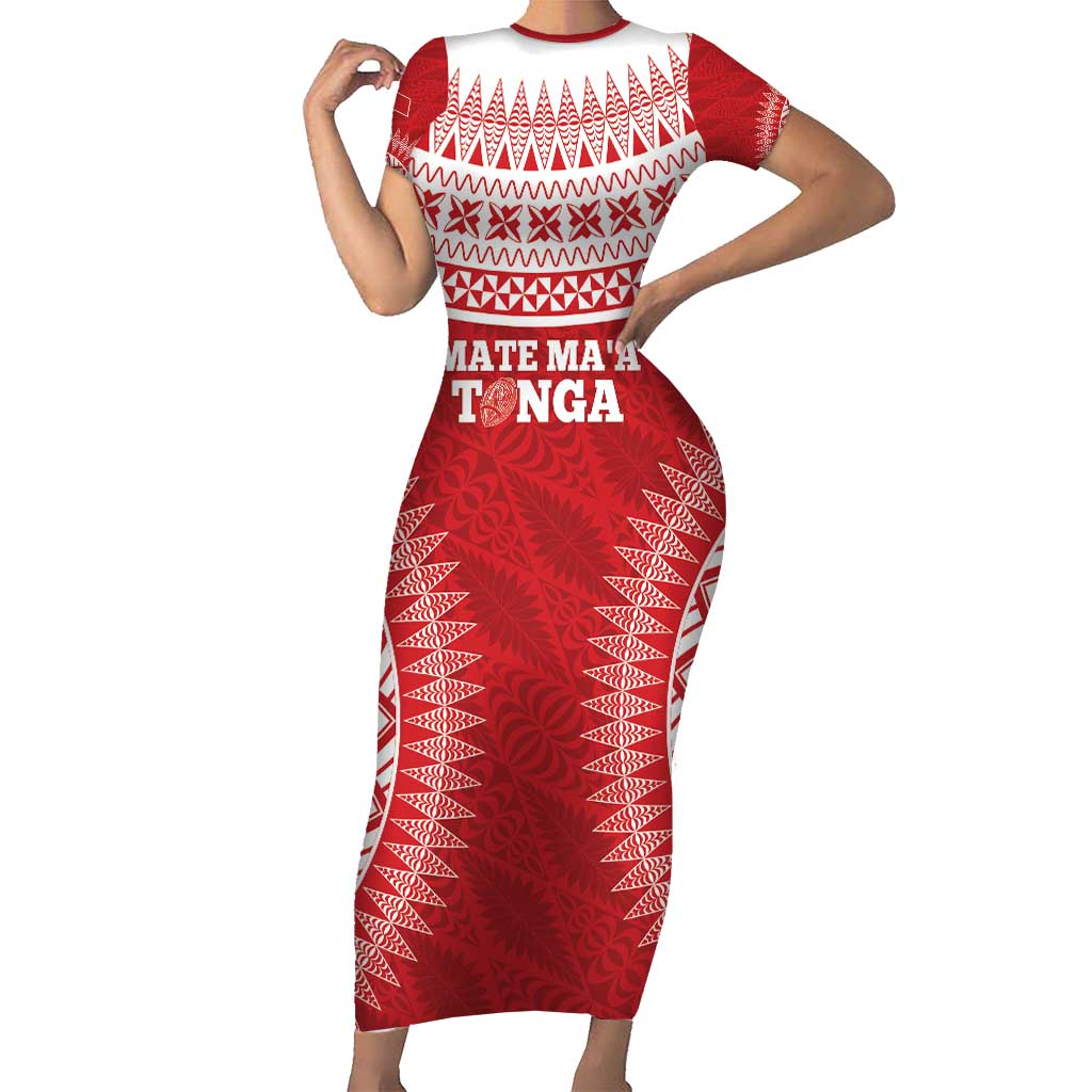 Custom Tonga Mate Maa Short Sleeve Bodycon Dress Go Champions Tongan Ngatu - Red LT14 Long Dress Red - Polynesian Pride