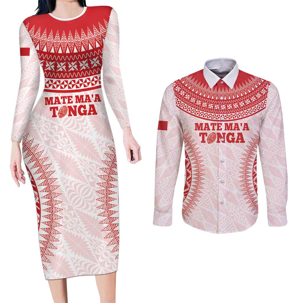 Custom Tonga Mate Maa Couples Matching Long Sleeve Bodycon Dress and Long Sleeve Button Shirt Go Champions Tongan Ngatu - White LT14 White - Polynesian Pride