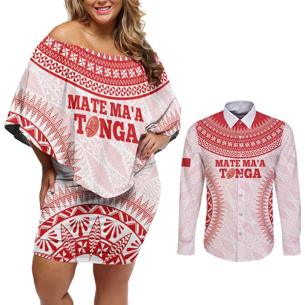 Custom Tonga Mate Maa Couples Matching Off Shoulder Short Dress and Long Sleeve Button Shirt Go Champions Tongan Ngatu - White LT14 White - Polynesian Pride