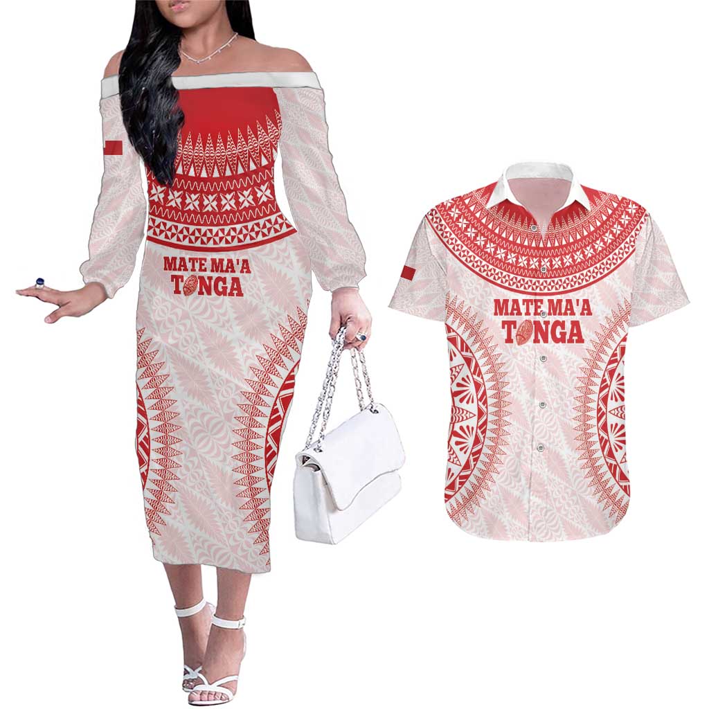 Custom Tonga Mate Maa Couples Matching Off The Shoulder Long Sleeve Dress and Hawaiian Shirt Go Champions Tongan Ngatu - White LT14 White - Polynesian Pride