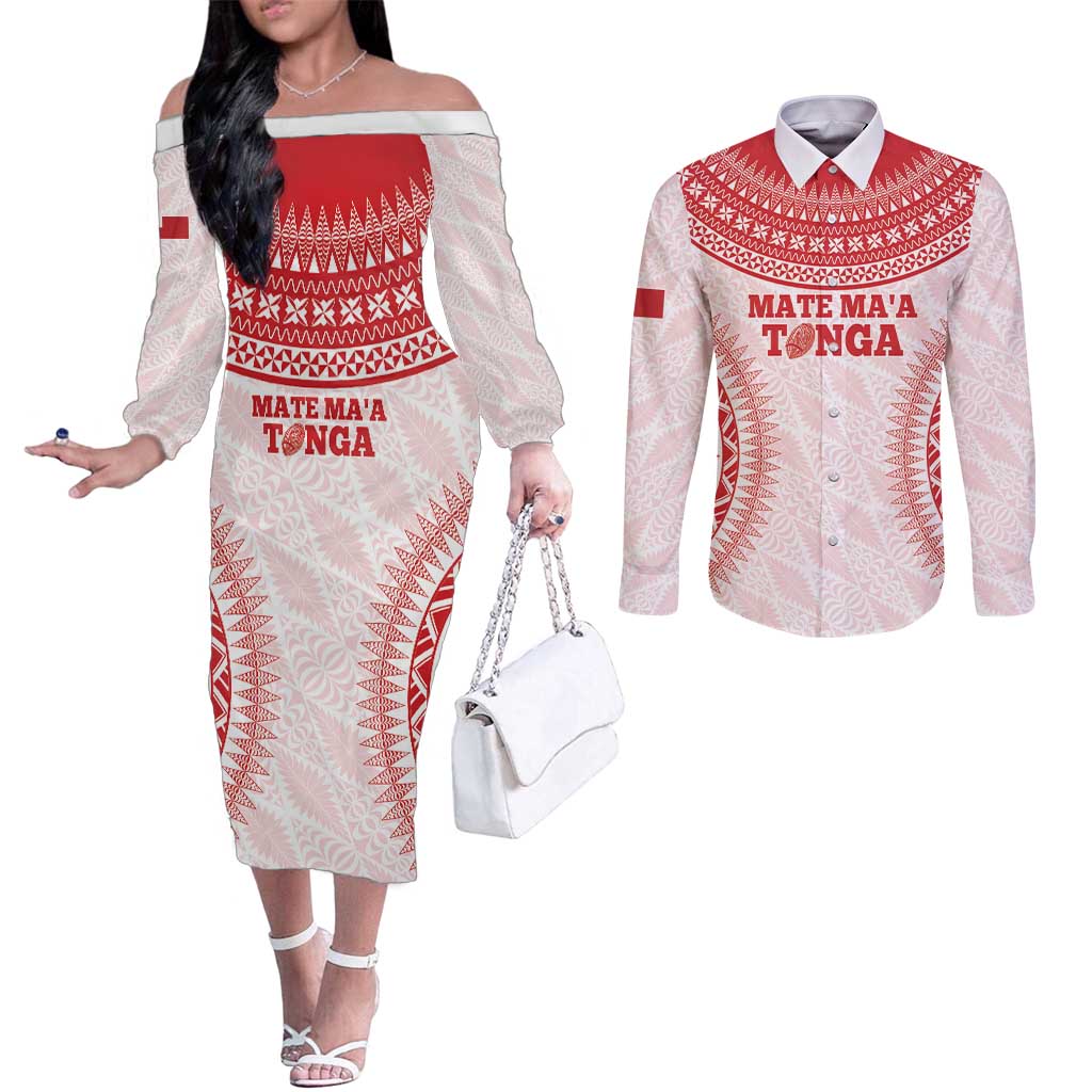 Custom Tonga Mate Maa Couples Matching Off The Shoulder Long Sleeve Dress and Long Sleeve Button Shirt Go Champions Tongan Ngatu - White LT14 White - Polynesian Pride