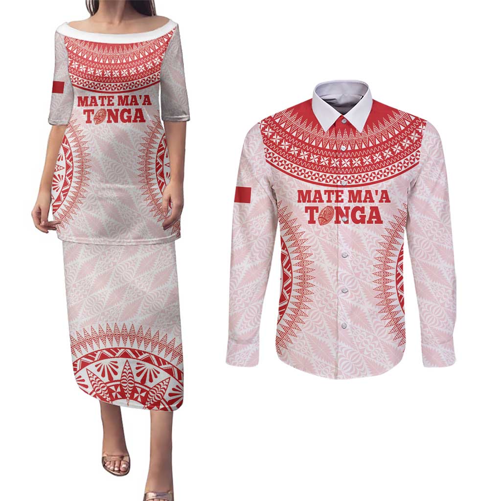Custom Tonga Mate Maa Couples Matching Puletasi and Long Sleeve Button Shirt Go Champions Tongan Ngatu - White LT14 White - Polynesian Pride