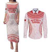 Custom Tonga Mate Maa Couples Matching Puletasi and Long Sleeve Button Shirt Go Champions Tongan Ngatu - White