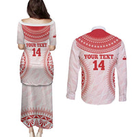 Custom Tonga Mate Maa Couples Matching Puletasi and Long Sleeve Button Shirt Go Champions Tongan Ngatu - White