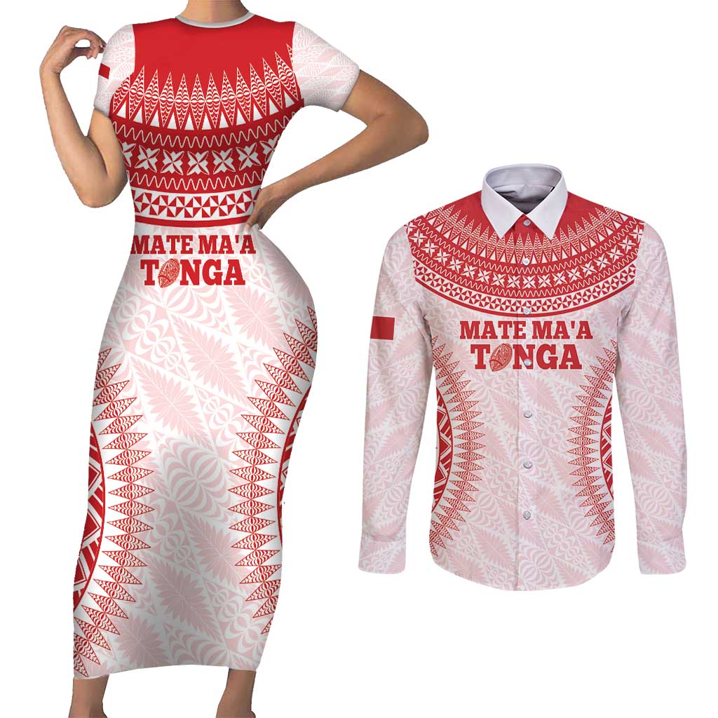 Custom Tonga Mate Maa Couples Matching Short Sleeve Bodycon Dress and Long Sleeve Button Shirt Go Champions Tongan Ngatu - White LT14 White - Polynesian Pride