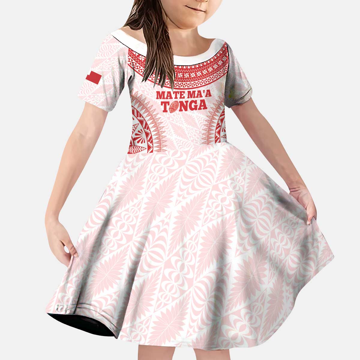 Custom Tonga Mate Maa Kid Short Sleeve Dress Go Champions Tongan Ngatu - White LT14 KID White - Polynesian Pride
