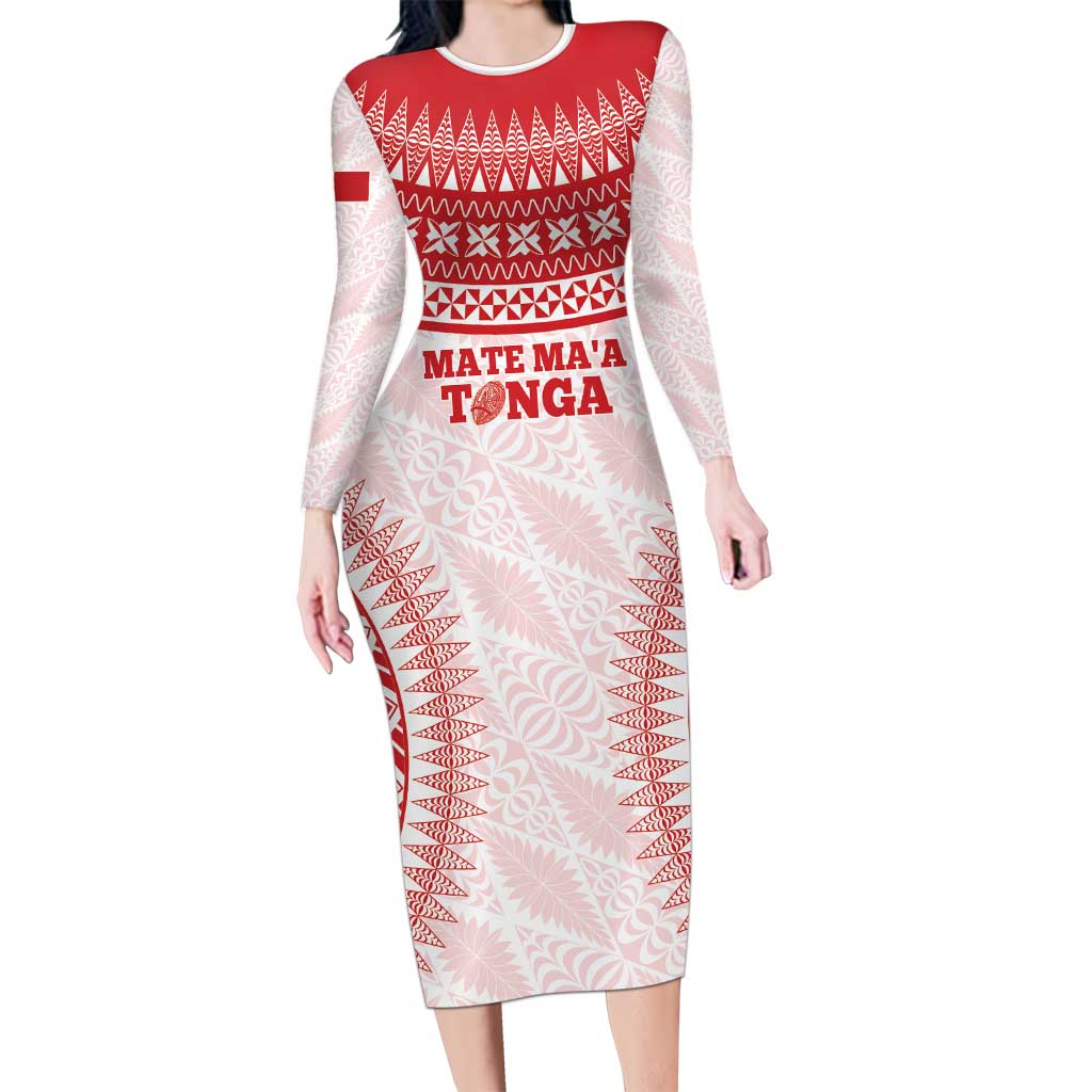 Custom Tonga Mate Maa Long Sleeve Bodycon Dress Go Champions Tongan Ngatu - White LT14 Long Dress White - Polynesian Pride