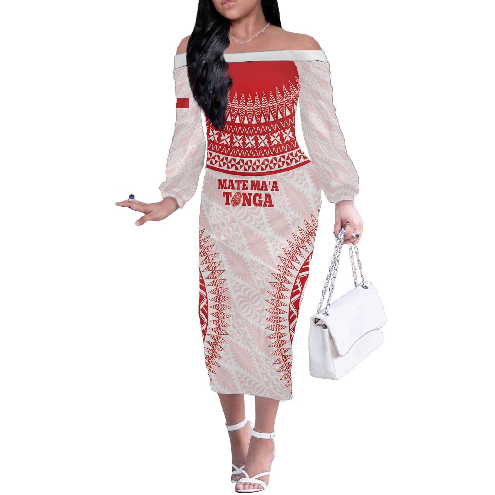 Custom Tonga Mate Maa Off The Shoulder Long Sleeve Dress Go Champions Tongan Ngatu - White LT14 Women White - Polynesian Pride