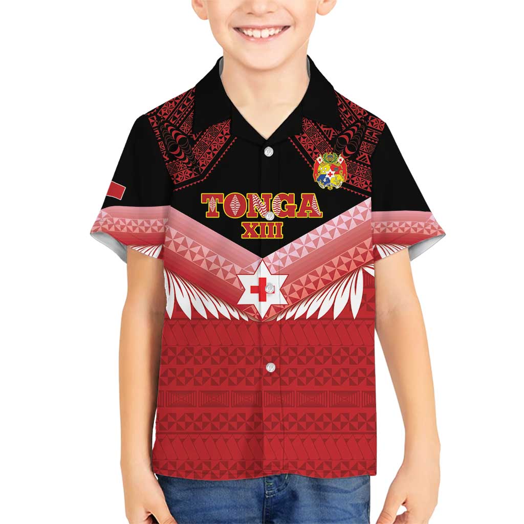 Custom Mate Maa Tonga XIII Family Matching Long Sleeve Bodycon Dress and Hawaiian Shirt Tongan Kupesi Ngatu - Rugby Style LT14 Son's Shirt Red - Polynesian Pride