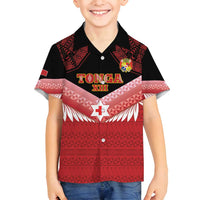 Custom Mate Maa Tonga XIII Family Matching Long Sleeve Bodycon Dress and Hawaiian Shirt Tongan Kupesi Ngatu - Rugby Style LT14 Son's Shirt Red - Polynesian Pride