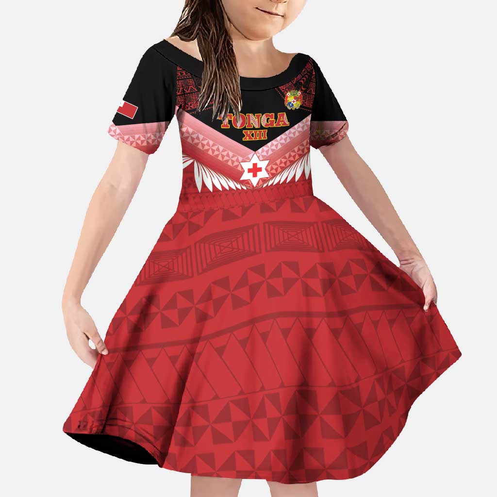 Custom Mate Maa Tonga XIII Family Matching Mermaid Dress and Hawaiian Shirt Tongan Kupesi Ngatu - Rugby Style LT14 Daughter's Dress Red - Polynesian Pride