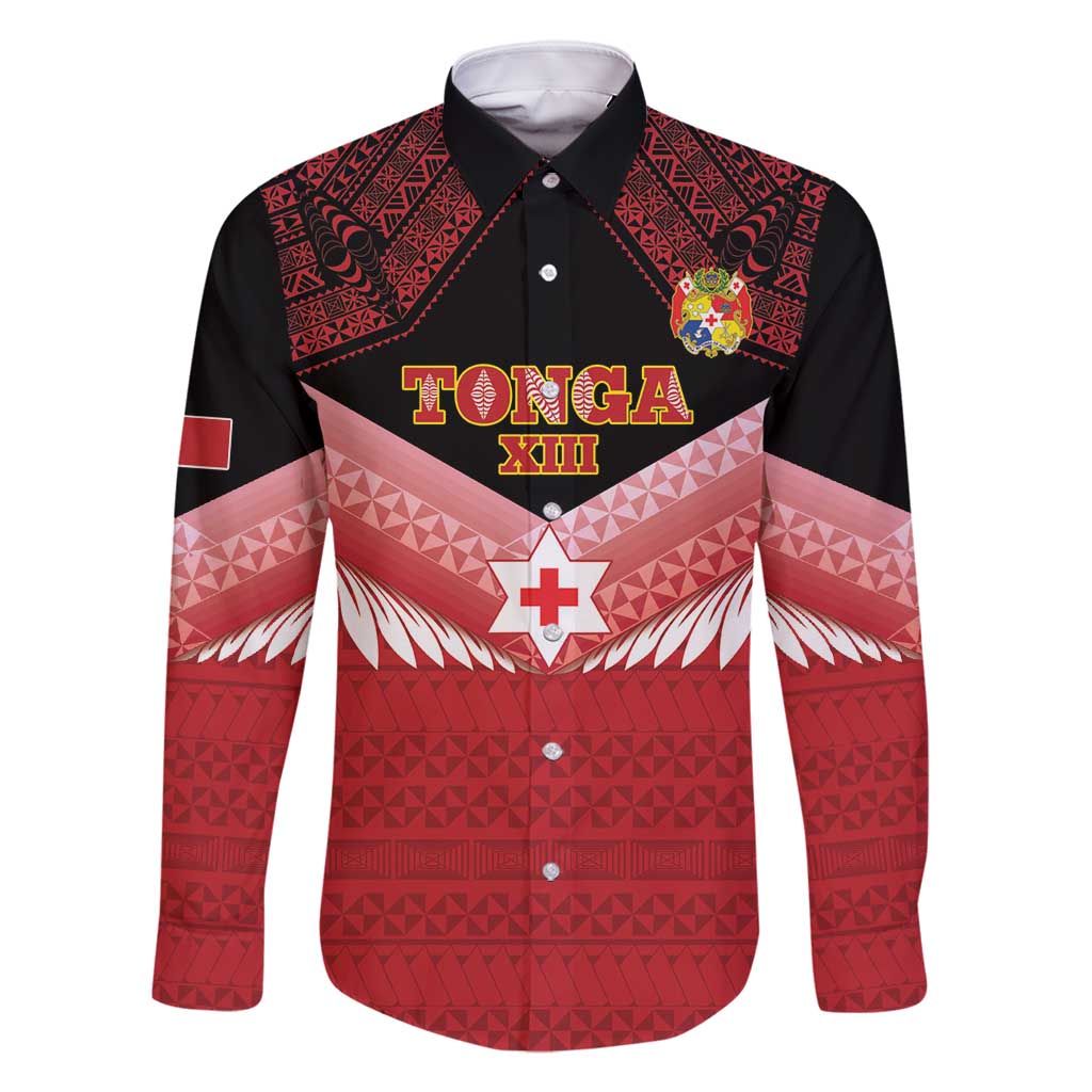 Custom Mate Maa Tonga XIII Family Matching Mermaid Dress and Hawaiian Shirt Tongan Kupesi Ngatu - Rugby Style LT14 Dad's Shirt - Long Sleeve Red - Polynesian Pride