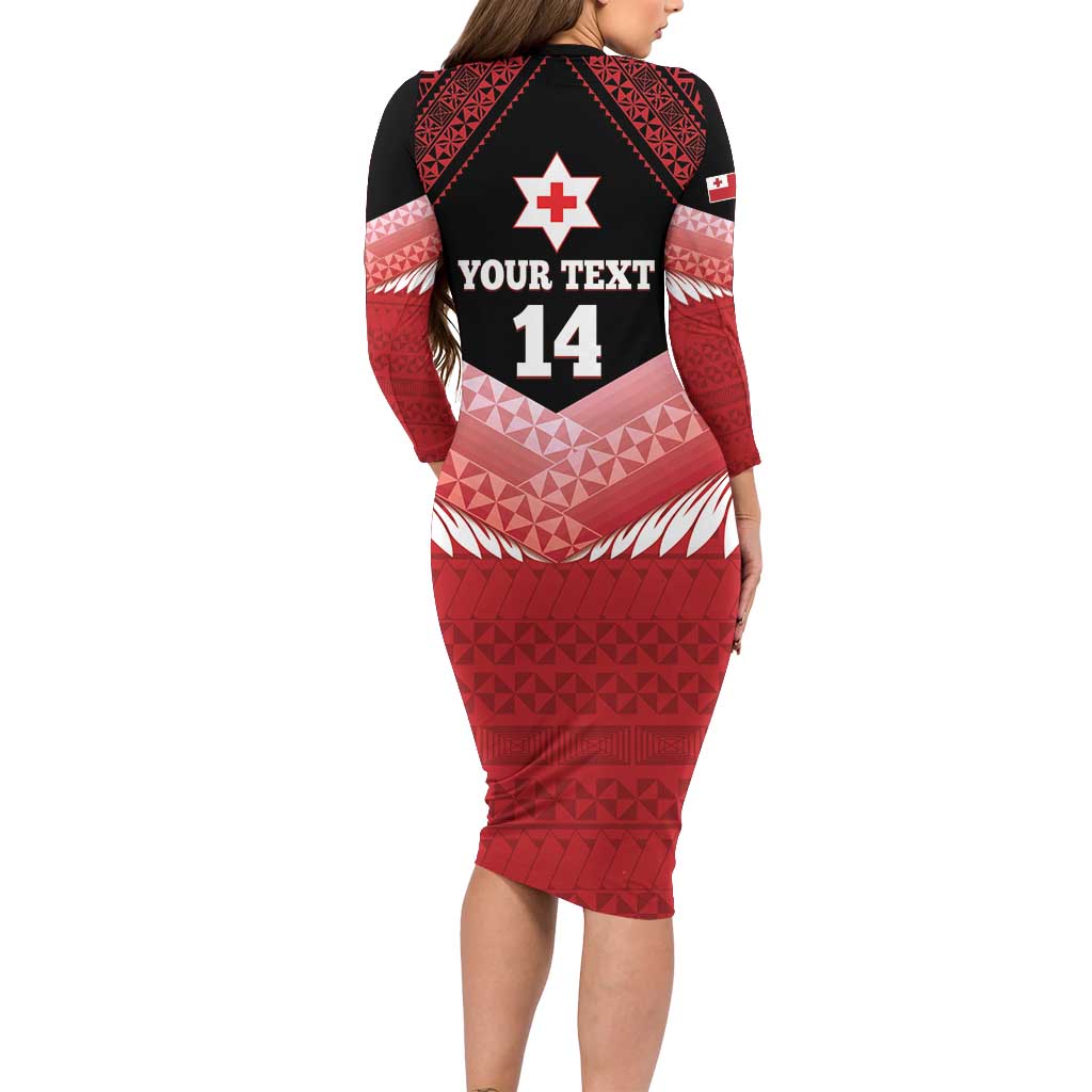 Custom Mate Maa Tonga XIII Long Sleeve Bodycon Dress Tongan Kupesi Ngatu - Rugby Style
