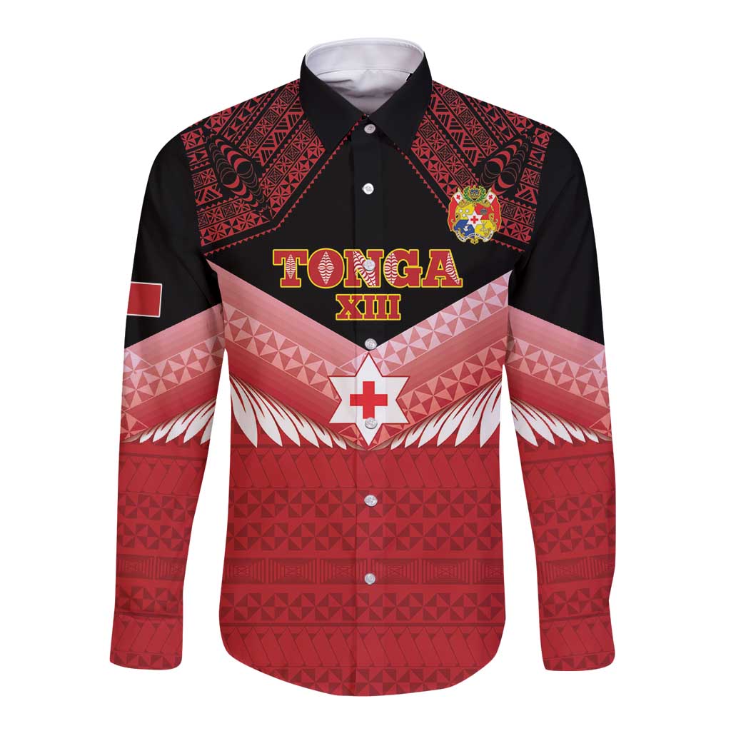 Custom Mate Maa Tonga XIII Long Sleeve Button Shirt Tongan Kupesi Ngatu - Rugby Style LT14 Unisex Red - Polynesian Pride
