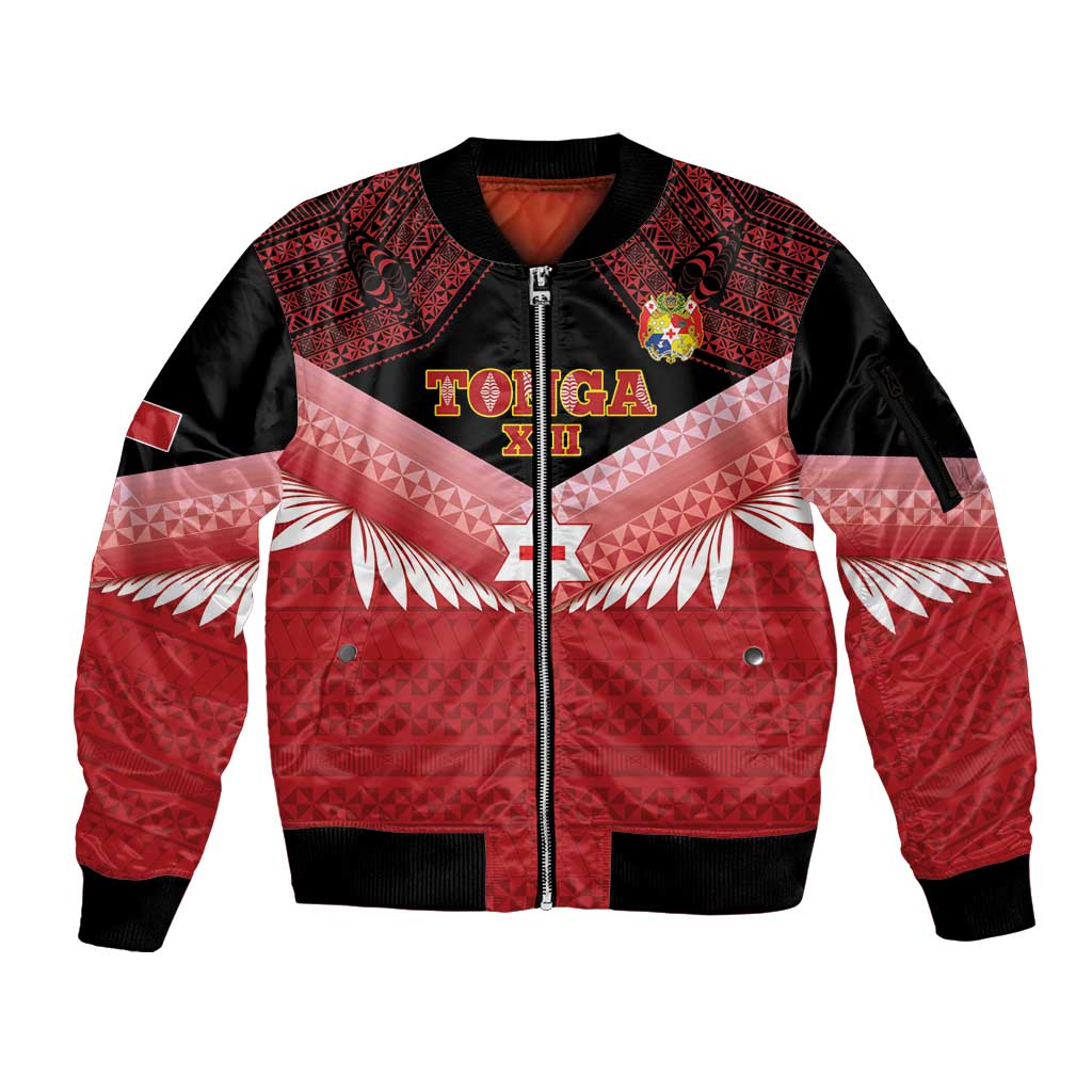 Custom Mate Maa Tonga XIII Sleeve Zip Bomber Jacket Tongan Kupesi Ngatu - Rugby Style LT14 Unisex Red - Polynesian Pride