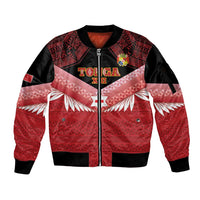 Custom Mate Maa Tonga XIII Sleeve Zip Bomber Jacket Tongan Kupesi Ngatu - Rugby Style LT14 Unisex Red - Polynesian Pride