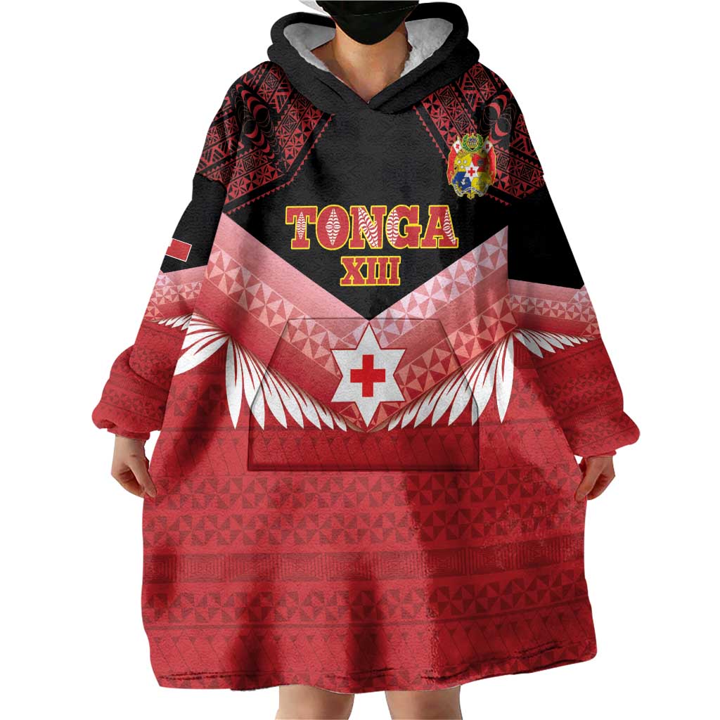 Custom Mate Maa Tonga XIII Wearable Blanket Hoodie Tongan Kupesi Ngatu - Rugby Style