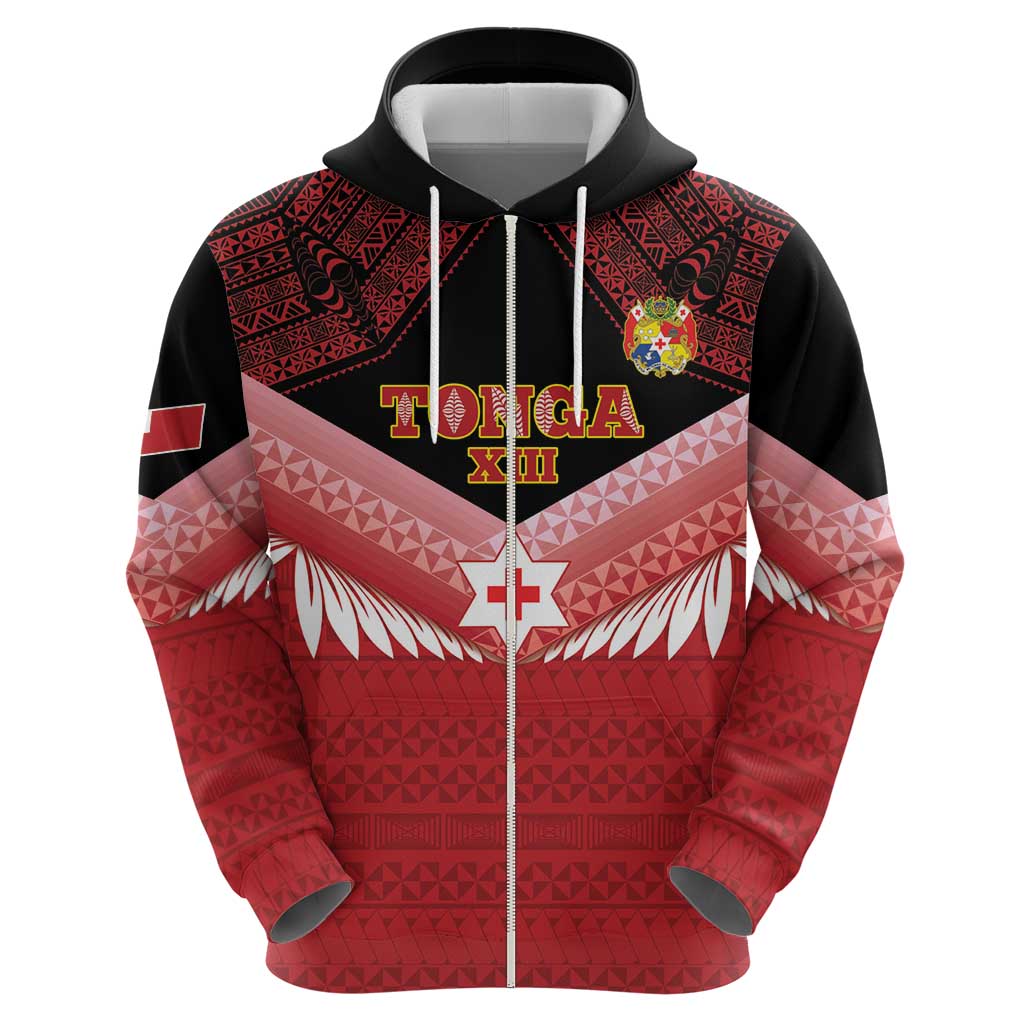 Custom Mate Maa Tonga XIII Zip Hoodie Tongan Kupesi Ngatu - Rugby Style