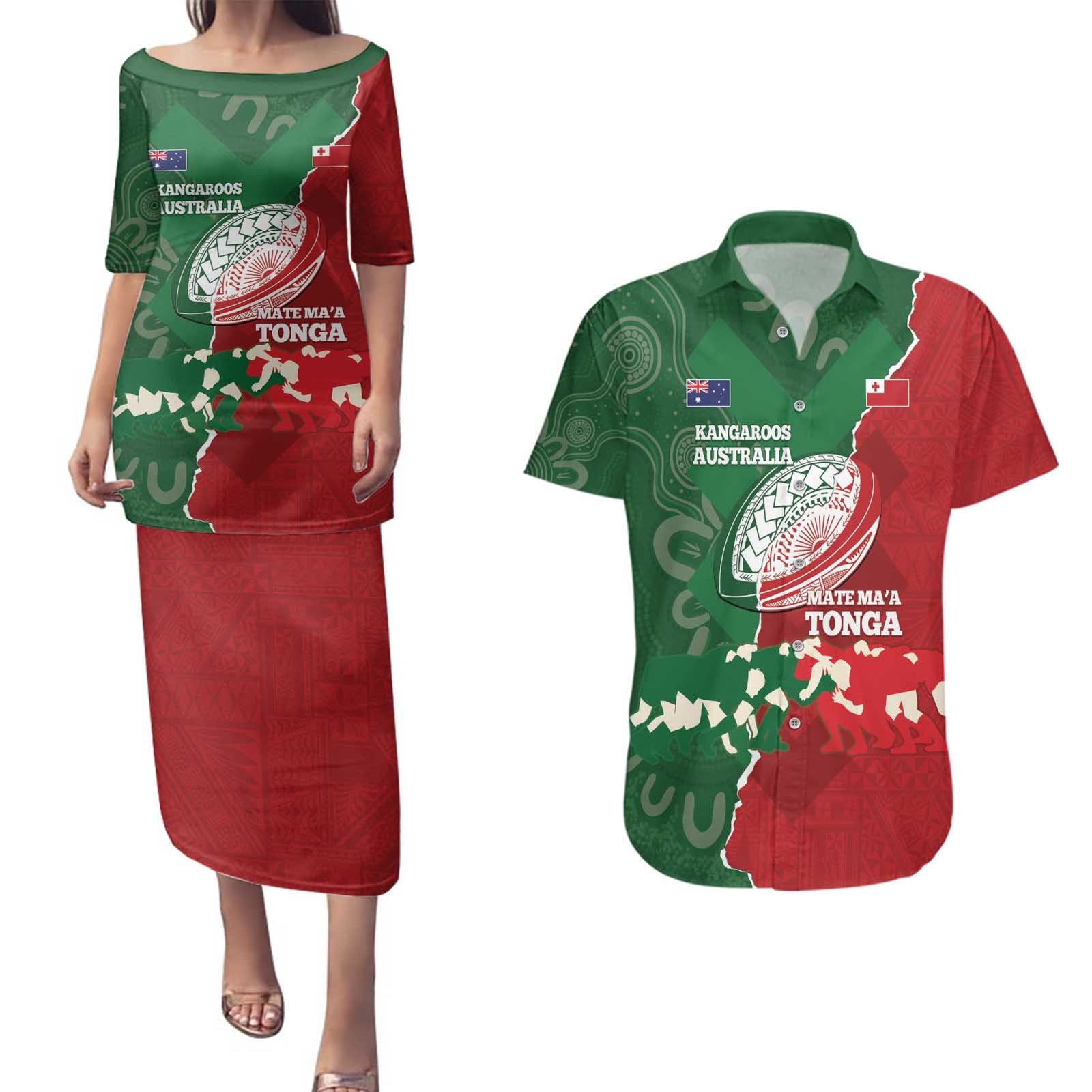 Custom Tonga And Australia Rugby Couples Matching Puletasi and Hawaiian Shirt Mate Maa Tongan Ngatu Mix Kangaroos Aboriginal