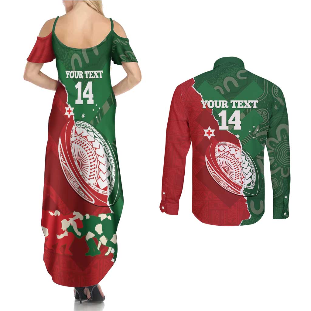 Custom Tonga And Australia Rugby Couples Matching Summer Maxi Dress and Long Sleeve Button Shirt Mate Maa Tongan Ngatu Mix Kangaroos Aboriginal