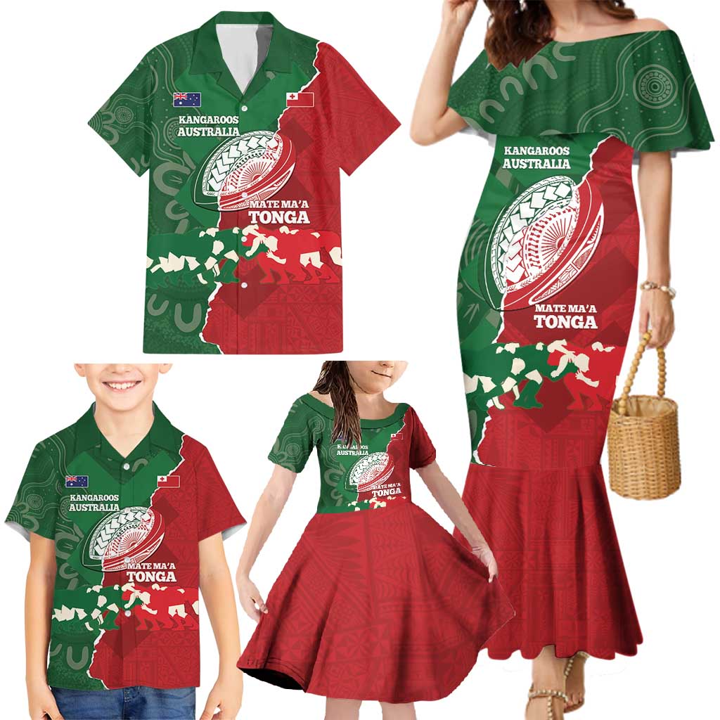 Custom Tonga And Australia Rugby Family Matching Mermaid Dress and Hawaiian Shirt Mate Maa Tongan Ngatu Mix Kangaroos Aboriginal