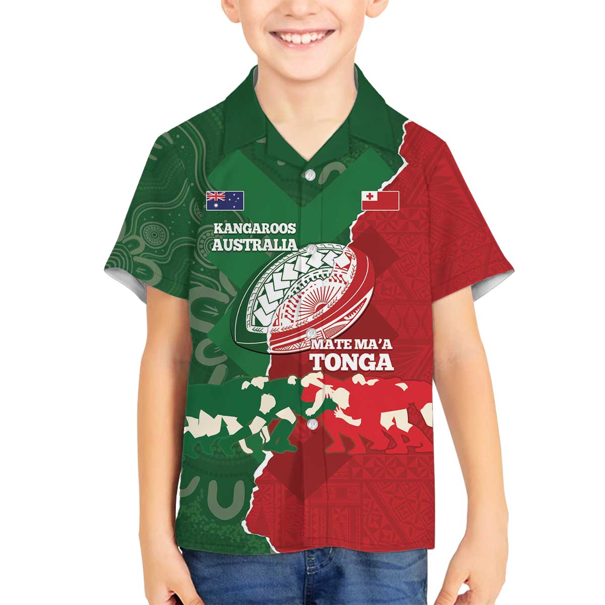 Custom Tonga And Australia Rugby Family Matching Off The Shoulder Long Sleeve Dress and Hawaiian Shirt Mate Maa Tongan Ngatu Mix Kangaroos Aboriginal LT14 Son's Shirt Green - Polynesian Pride