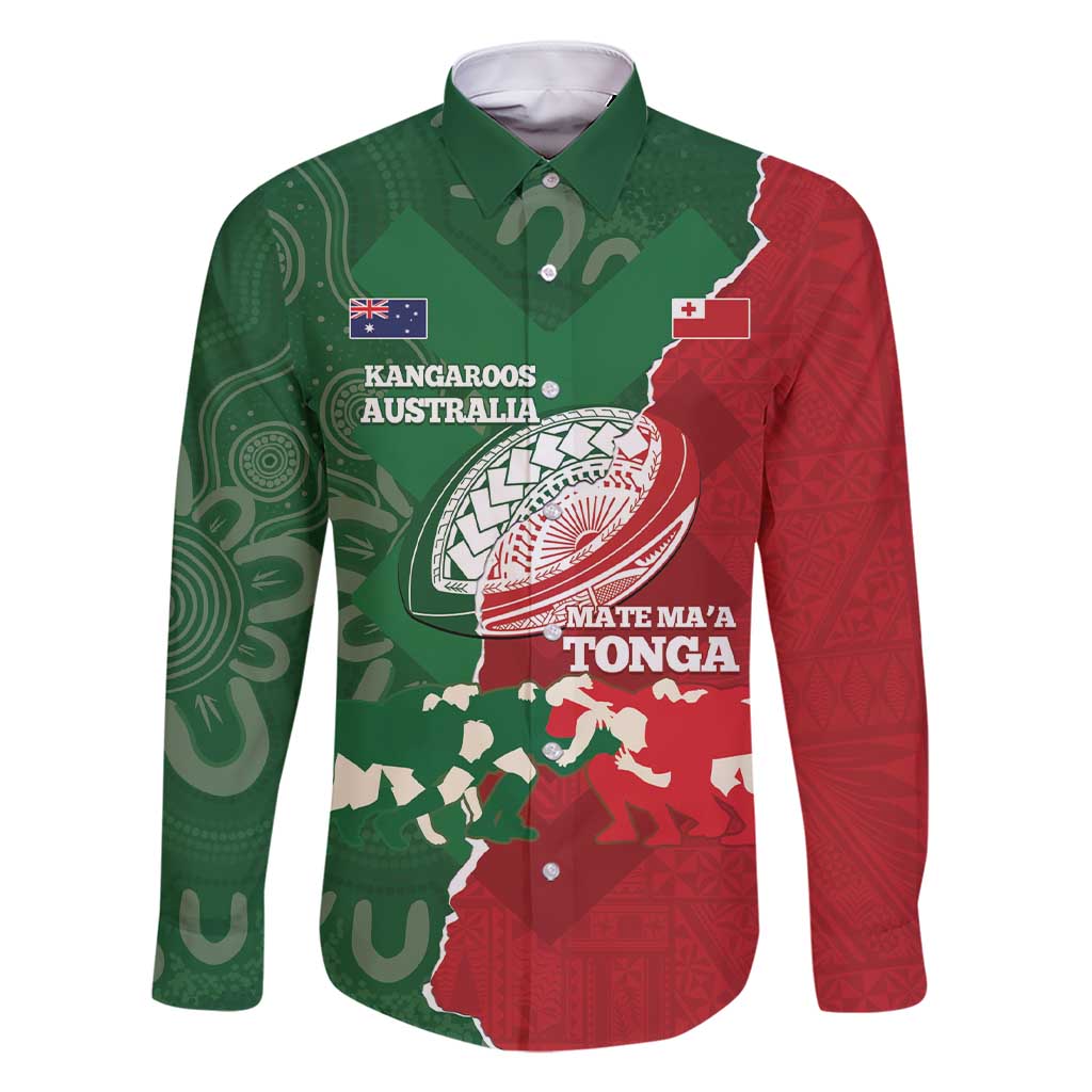 Custom Tonga And Australia Rugby Family Matching Short Sleeve Bodycon Dress and Hawaiian Shirt Mate Maa Tongan Ngatu Mix Kangaroos Aboriginal LT14 Dad's Shirt - Long Sleeve Green - Polynesian Pride
