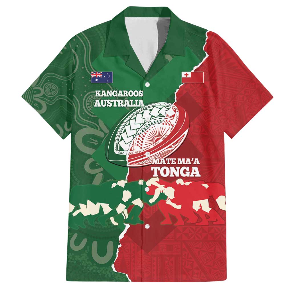 Custom Tonga And Australia Rugby Family Matching Summer Maxi Dress and Hawaiian Shirt Mate Maa Tongan Ngatu Mix Kangaroos Aboriginal LT14 Dad's Shirt - Short Sleeve Green - Polynesian Pride