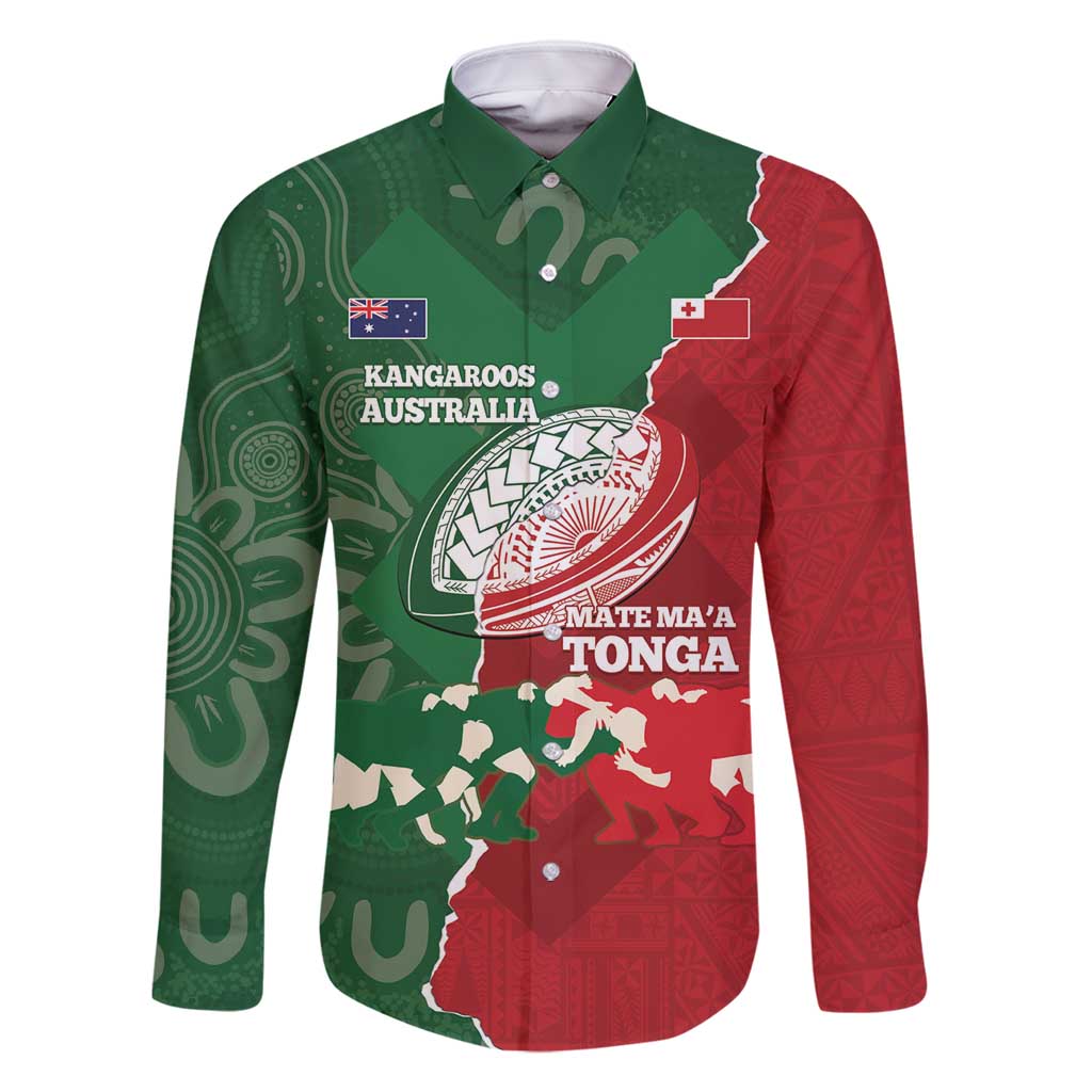 Custom Tonga And Australia Rugby Family Matching Summer Maxi Dress and Hawaiian Shirt Mate Maa Tongan Ngatu Mix Kangaroos Aboriginal LT14 Dad's Shirt - Long Sleeve Green - Polynesian Pride