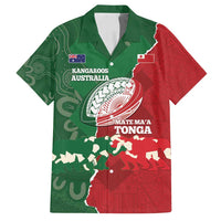 Custom Tonga And Australia Rugby Family Matching Tank Maxi Dress and Hawaiian Shirt Mate Maa Tongan Ngatu Mix Kangaroos Aboriginal LT14 Dad's Shirt - Short Sleeve Green - Polynesian Pride