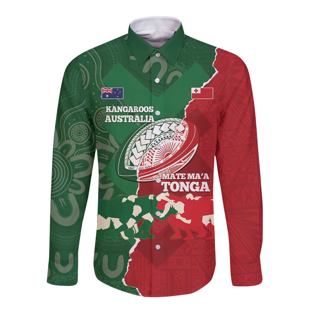 Custom Tonga And Australia Rugby Long Sleeve Button Shirt Mate Maa Tongan Ngatu Mix Kangaroos Aboriginal LT14 Unisex Green - Polynesian Pride
