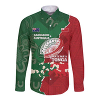 Custom Tonga And Australia Rugby Long Sleeve Button Shirt Mate Maa Tongan Ngatu Mix Kangaroos Aboriginal LT14 Unisex Green - Polynesian Pride