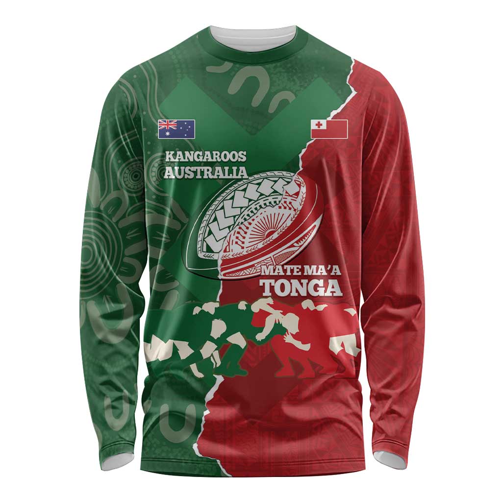 Custom Tonga And Australia Rugby Long Sleeve Shirt Mate Maa Tongan Ngatu Mix Kangaroos Aboriginal LT14 Unisex Green - Polynesian Pride