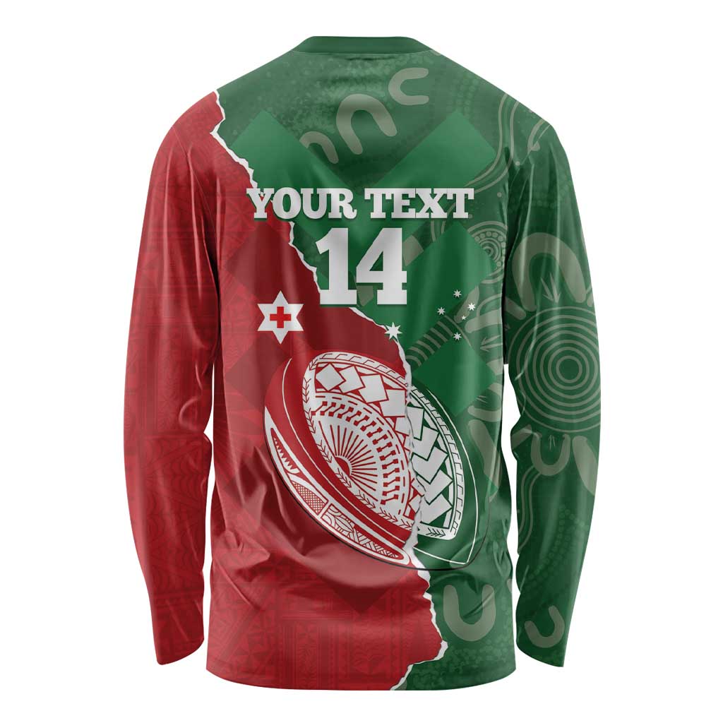 Custom Tonga And Australia Rugby Long Sleeve Shirt Mate Maa Tongan Ngatu Mix Kangaroos Aboriginal LT14 - Polynesian Pride