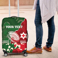 Custom Tonga And Australia Rugby Luggage Cover Mate Maa Tongan Ngatu Mix Kangaroos Aboriginal LT14 Green - Polynesian Pride