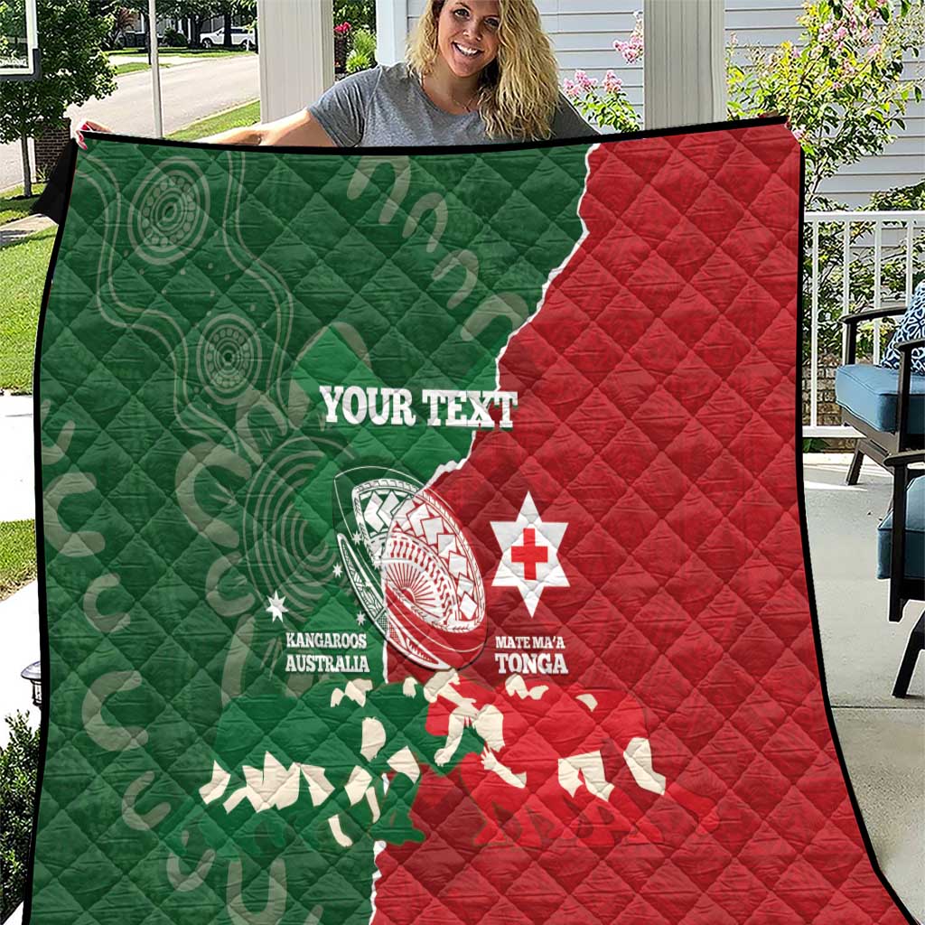 Custom Tonga And Australia Rugby Quilt Mate Maa Tongan Ngatu Mix Kangaroos Aboriginal LT14 Green - Polynesian Pride