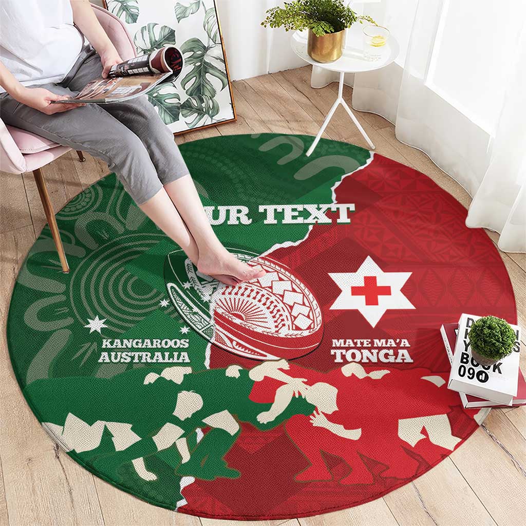 Custom Tonga And Australia Rugby Round Carpet Mate Maa Tongan Ngatu Mix Kangaroos Aboriginal LT14 - Polynesian Pride