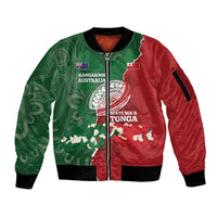 Custom Tonga And Australia Rugby Sleeve Zip Bomber Jacket Mate Maa Tongan Ngatu Mix Kangaroos Aboriginal LT14 Unisex Green - Polynesian Pride