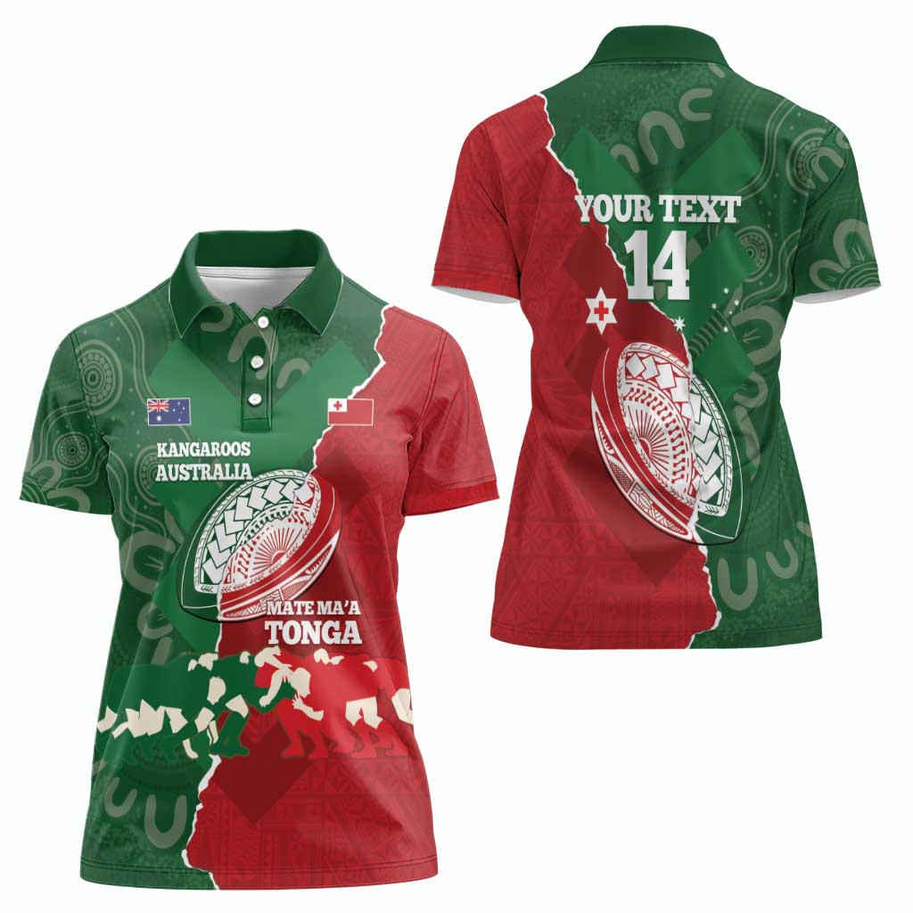 Custom Tonga And Australia Rugby Women Polo Shirt Mate Maa Tongan Ngatu Mix Kangaroos Aboriginal