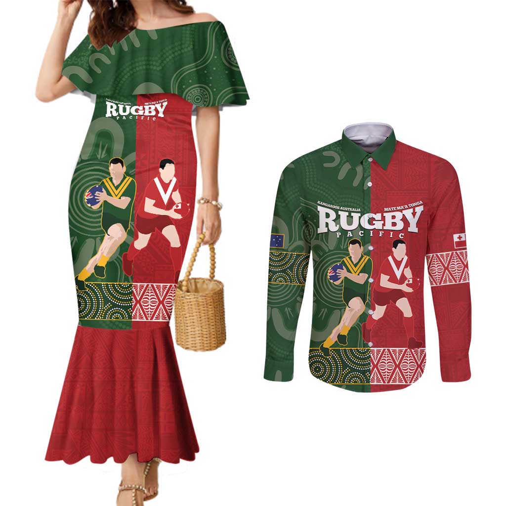 Custom Mate Maa Tonga And Kangaroo Australia Couples Matching Mermaid Dress and Long Sleeve Button Shirt Tongan Kupesi Mix Aboriginal Art