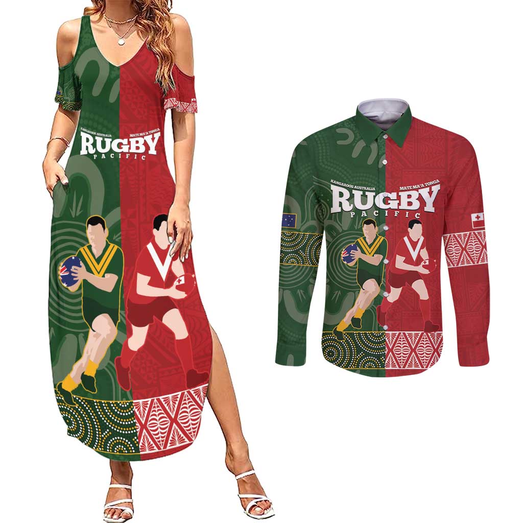 Custom Mate Maa Tonga And Kangaroo Australia Couples Matching Summer Maxi Dress and Long Sleeve Button Shirt Tongan Kupesi Mix Aboriginal Art