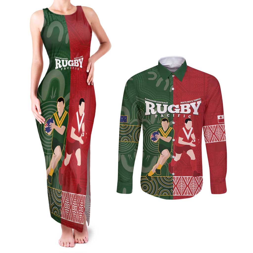Custom Mate Maa Tonga And Kangaroo Australia Couples Matching Tank Maxi Dress and Long Sleeve Button Shirt Tongan Kupesi Mix Aboriginal Art